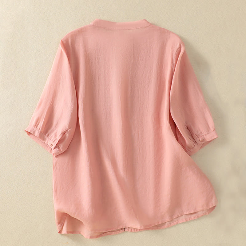 Camisa de algodón para mujer de media manga con botones y bordado floral de rosas y Buddha Stones - image 12