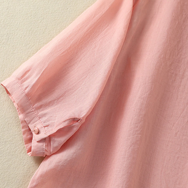 Camisa de algodón para mujer de media manga con botones y bordado floral de rosas y Buddha Stones - image 19