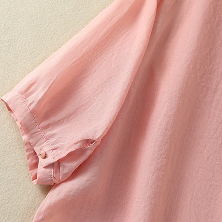 Camisa de algodón para mujer de media manga con botones y bordado floral de rosas y Buddha Stones - image 19