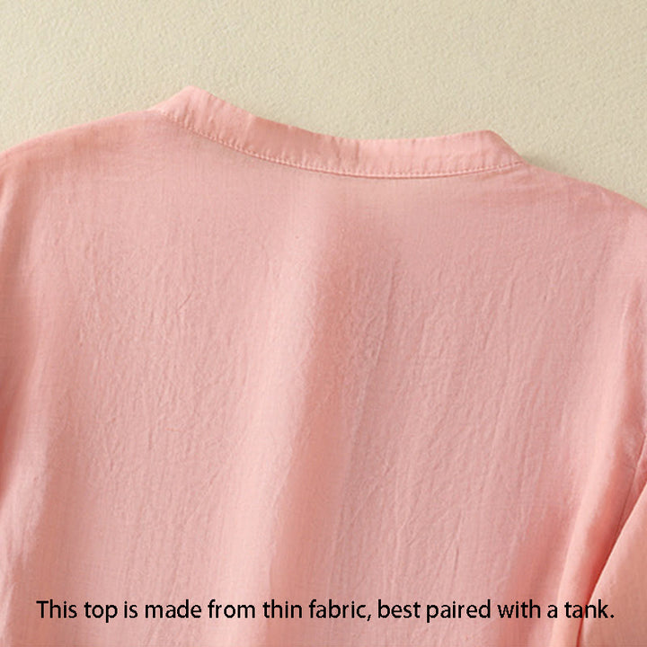 Camisa de algodón para mujer de media manga con botones y bordado floral de rosas y Buddha Stones - image 15