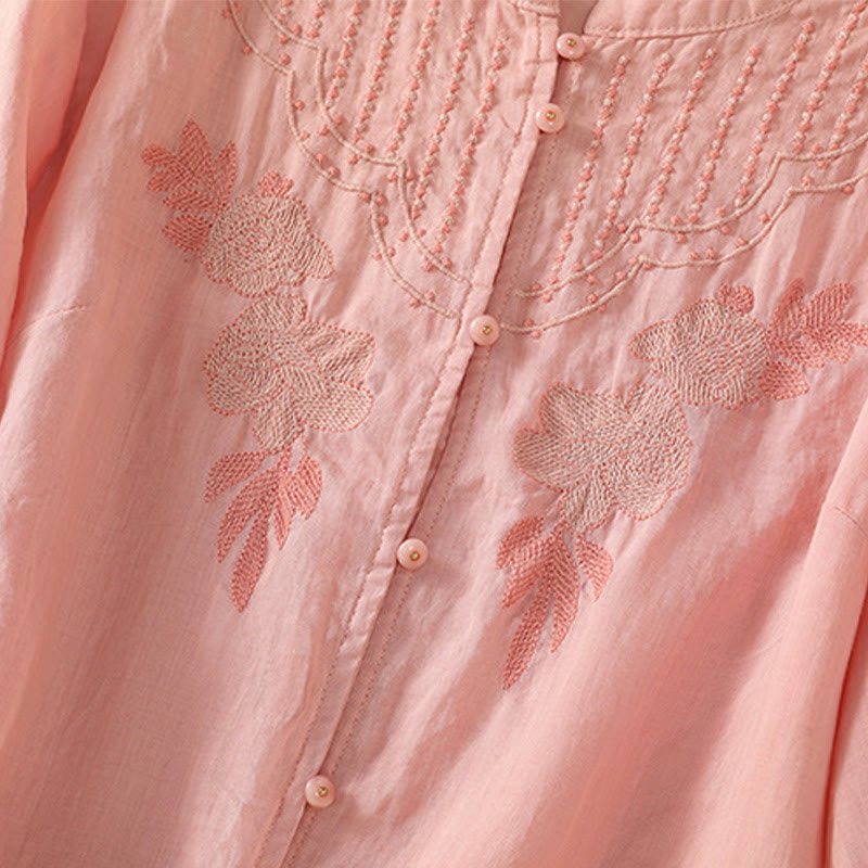 Camisa de algodón para mujer de media manga con botones y bordado floral de rosas y Buddha Stones - image 17