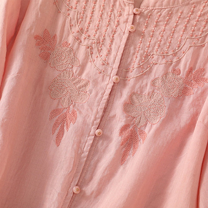 Camisa de algodón para mujer de media manga con botones y bordado floral de rosas y Buddha Stones - image 17