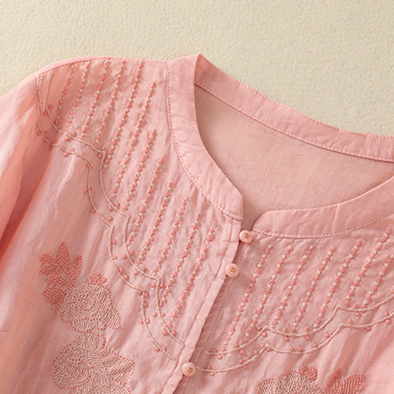 Camisa de algodón para mujer de media manga con botones y bordado floral de rosas y Buddha Stones - image 16