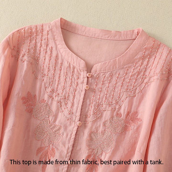 Camisa de algodón para mujer de media manga con botones y bordado floral de rosas y Buddha Stones - image 14