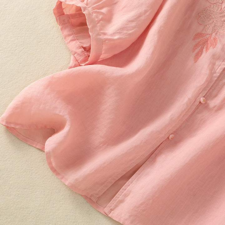 Camisa de algodón para mujer de media manga con botones y bordado floral de rosas y Buddha Stones - image 20