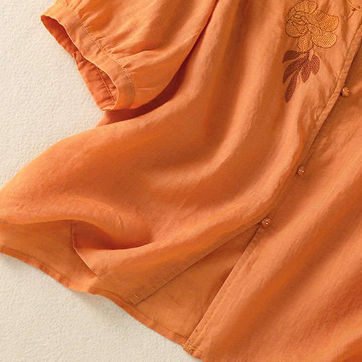 Camisa de algodón para mujer de media manga con botones y bordado floral de rosas y Buddha Stones - image 31