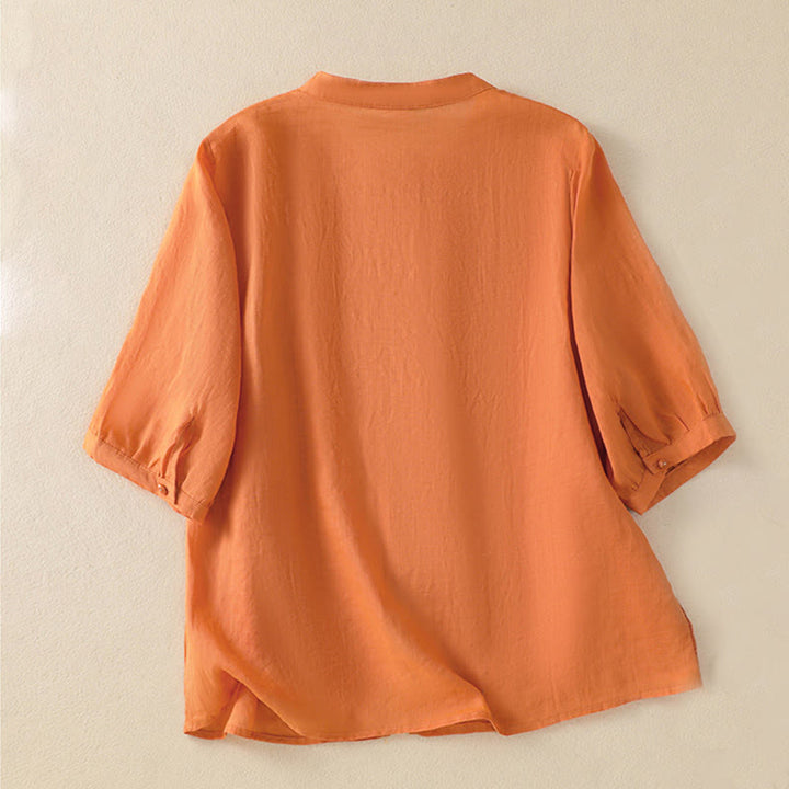 Camisa de algodón para mujer de media manga con botones y bordado floral de rosas y Buddha Stones - image 24