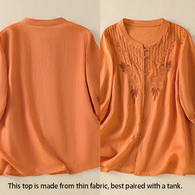 Camisa de algodón para mujer de media manga con botones y bordado floral de rosas y Buddha Stones - image 25