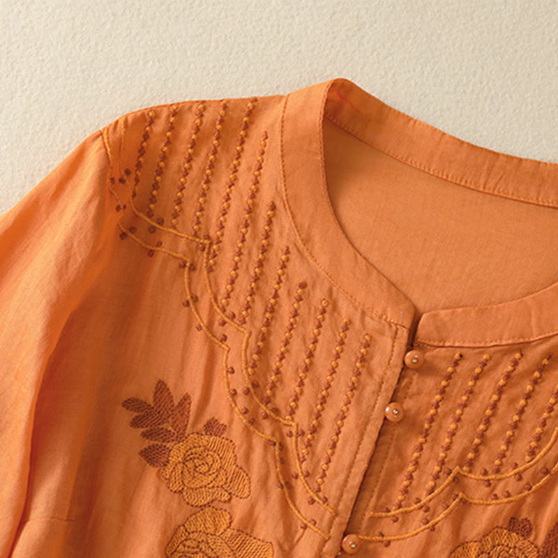 Camisa de algodón para mujer de media manga con botones y bordado floral de rosas y Buddha Stones - image 26