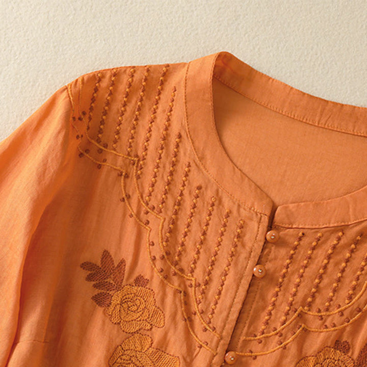 Camisa de algodón para mujer de media manga con botones y bordado floral de rosas y Buddha Stones - image 26