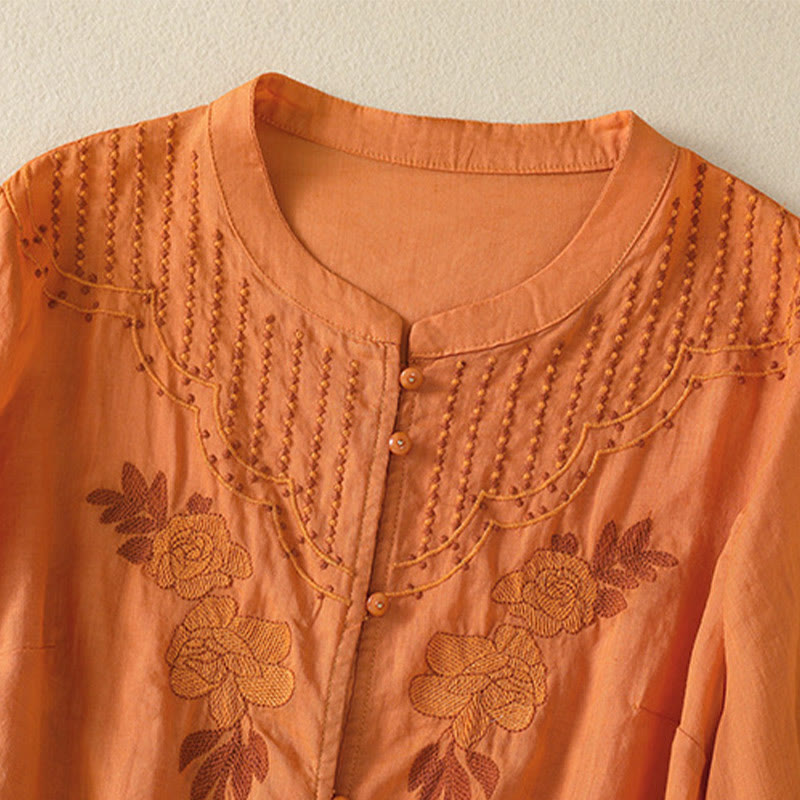 Camisa de algodón para mujer de media manga con botones y bordado floral de rosas y Buddha Stones - image 27