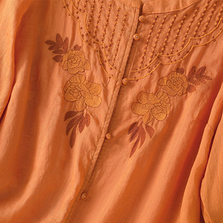 Camisa de algodón para mujer de media manga con botones y bordado floral de rosas y Buddha Stones - image 32