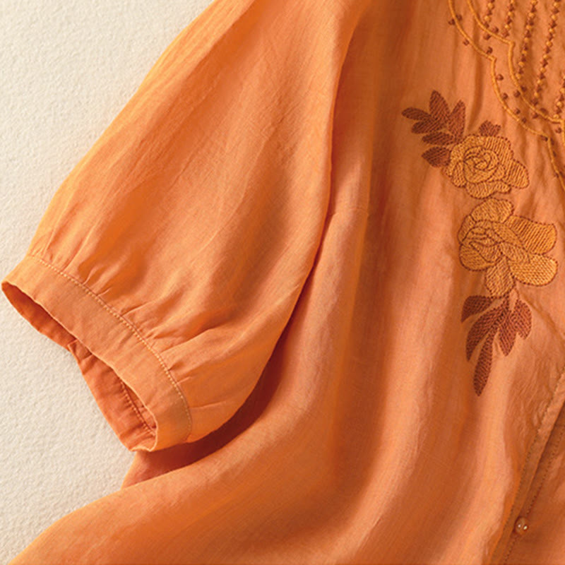 Camisa de algodón para mujer de media manga con botones y bordado floral de rosas y Buddha Stones - image 30