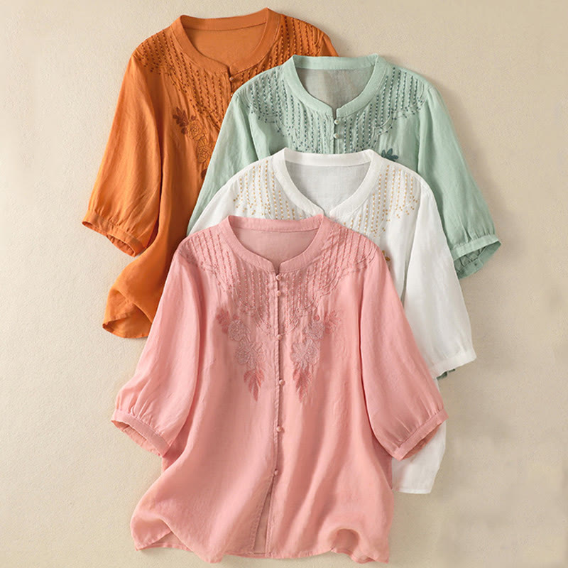 Camisa de algodón para mujer de media manga con botones y bordado floral de rosas y Buddha Stones - image 1