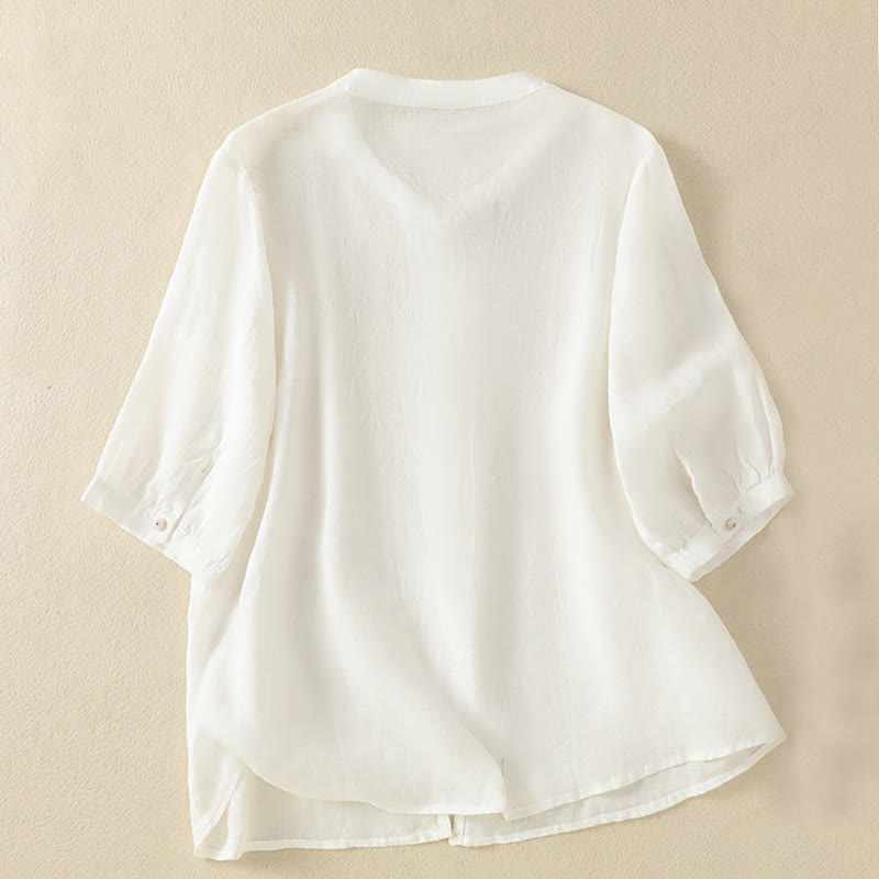 Camisa de algodón para mujer de media manga con botones y bordado floral de rosas y Buddha Stones - image 34