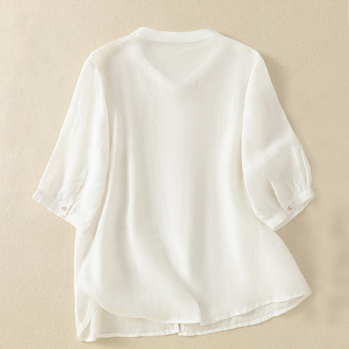 Camisa de algodón para mujer de media manga con botones y bordado floral de rosas y Buddha Stones - image 34