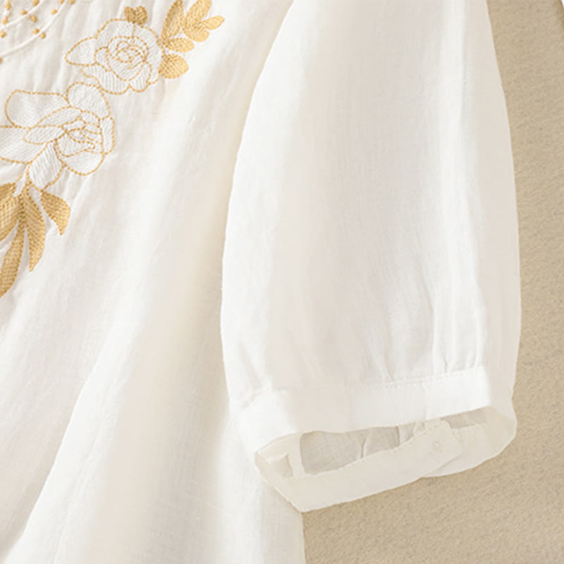 Camisa de algodón para mujer de media manga con botones y bordado floral de rosas y Buddha Stones - image 40