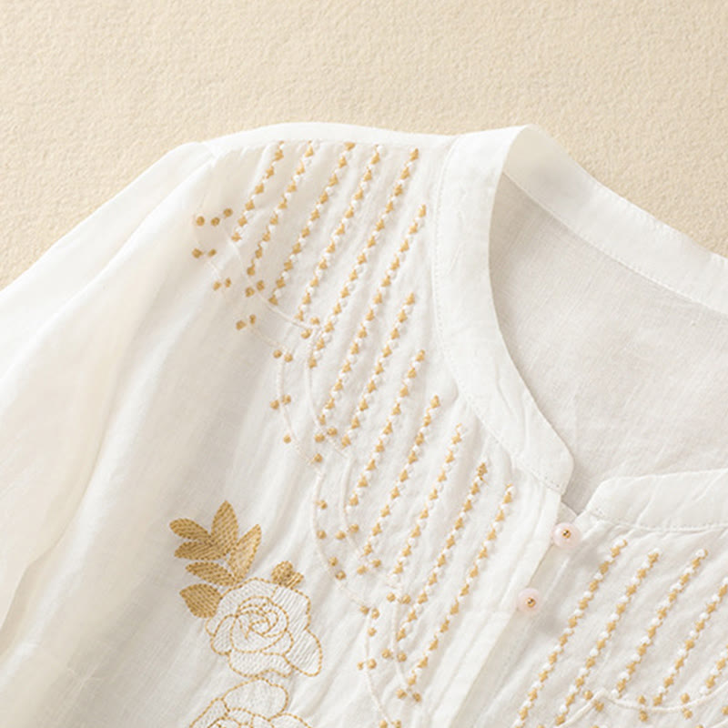 Camisa de algodón para mujer de media manga con botones y bordado floral de rosas y Buddha Stones - image 37