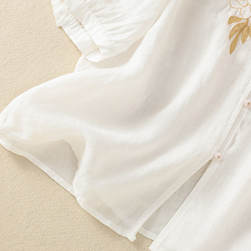 Camisa de algodón para mujer de media manga con botones y bordado floral de rosas y Buddha Stones - image 39