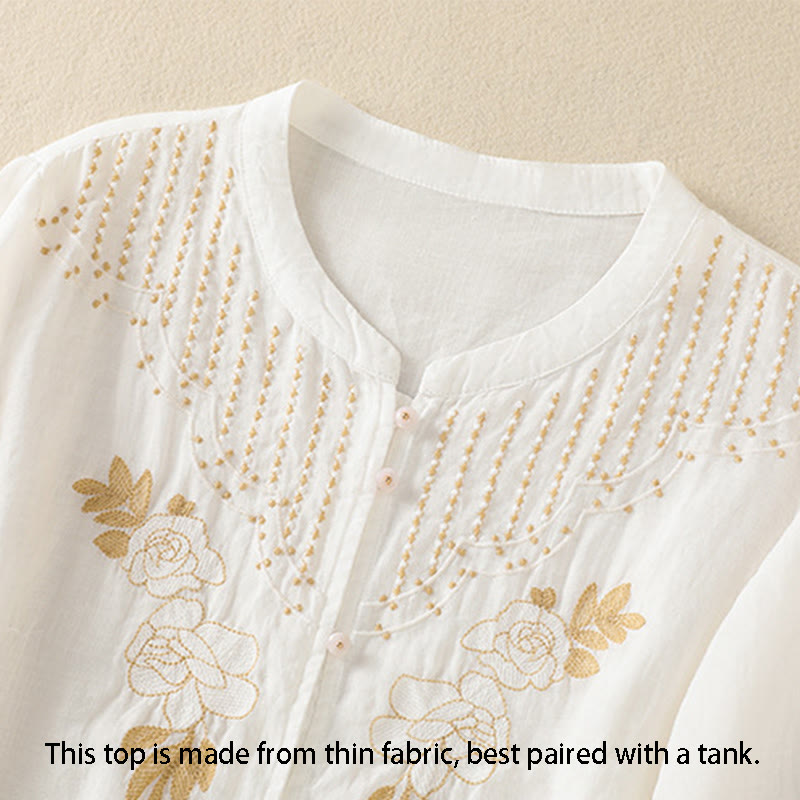 Camisa de algodón para mujer de media manga con botones y bordado floral de rosas y Buddha Stones - image 35