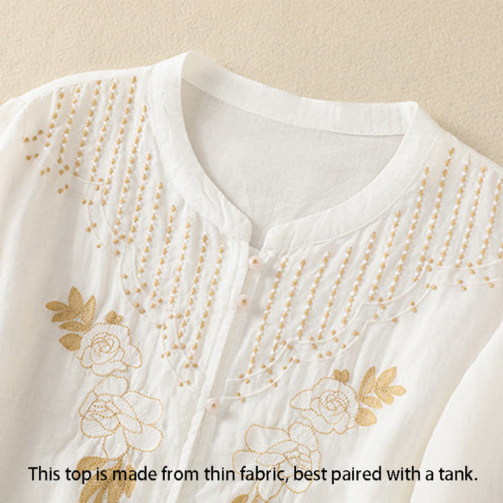 Camisa de algodón para mujer de media manga con botones y bordado floral de rosas y Buddha Stones - image 35