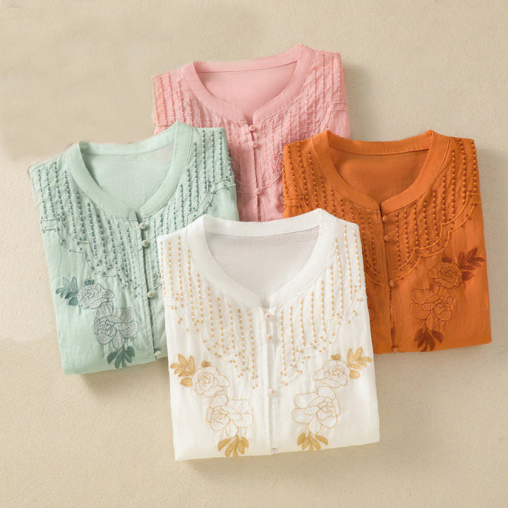 Camisa de algodón para mujer de media manga con botones y bordado floral de rosas y Buddha Stones - image 41