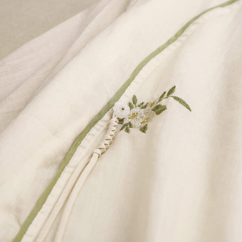 Camisa de algodón para mujer con cuello redondo, manga tres cuartos y bordado de hojas verdes y flores beige de Buddha Stones - image 4