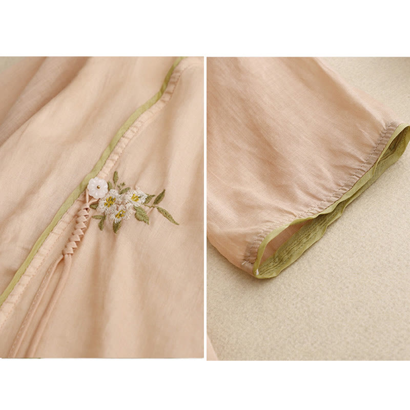 Camisa de algodón para mujer con cuello redondo, manga tres cuartos y bordado de hojas verdes y flores beige de Buddha Stones - image 18