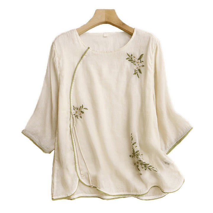 Camisa de algodón para mujer con cuello redondo, manga tres cuartos y bordado de hojas verdes y flores beige de Buddha Stones - image 12