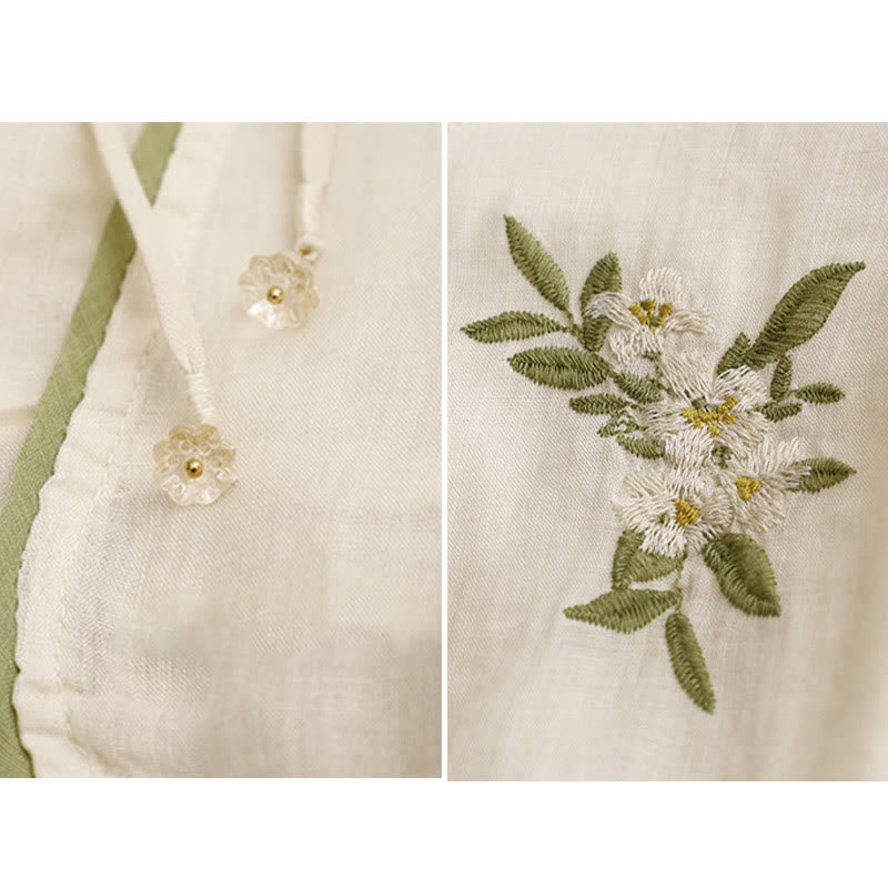 Camisa de algodón para mujer con cuello redondo, manga tres cuartos y bordado de hojas verdes y flores beige de Buddha Stones - image 10