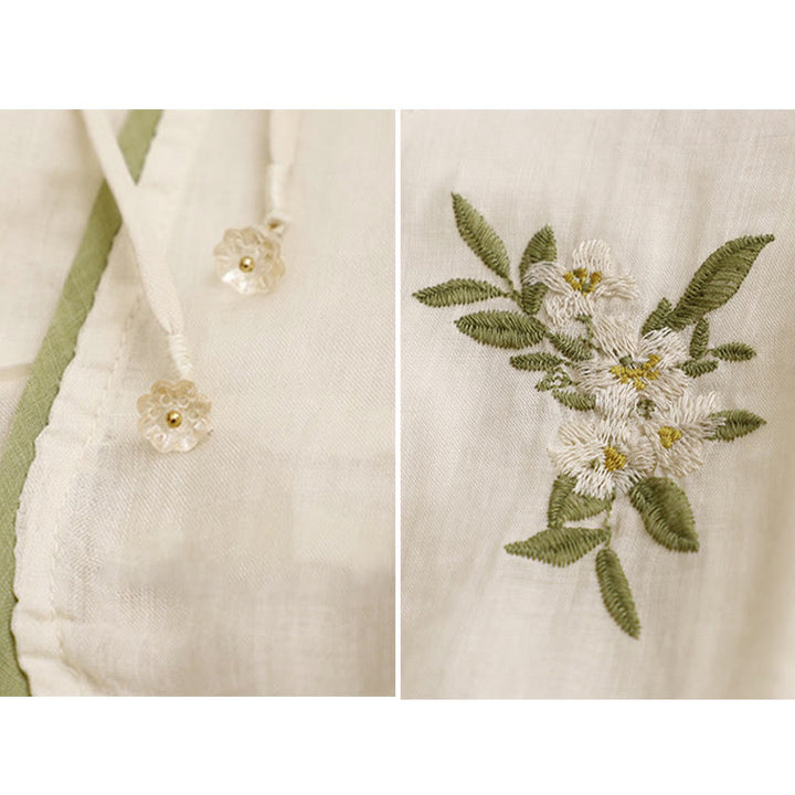 Camisa de algodón para mujer con cuello redondo, manga tres cuartos y bordado de hojas verdes y flores beige de Buddha Stones - image 10