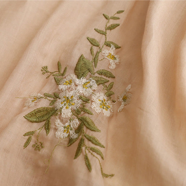 Camisa de algodón para mujer con cuello redondo, manga tres cuartos y bordado de hojas verdes y flores beige de Buddha Stones - image 15
