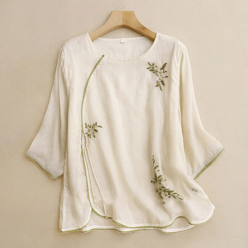 Camisa de algodón para mujer con cuello redondo, manga tres cuartos y bordado de hojas verdes y flores beige de Buddha Stones - Beige - US12, UK/AU16, EU44 (2XL) - image 0