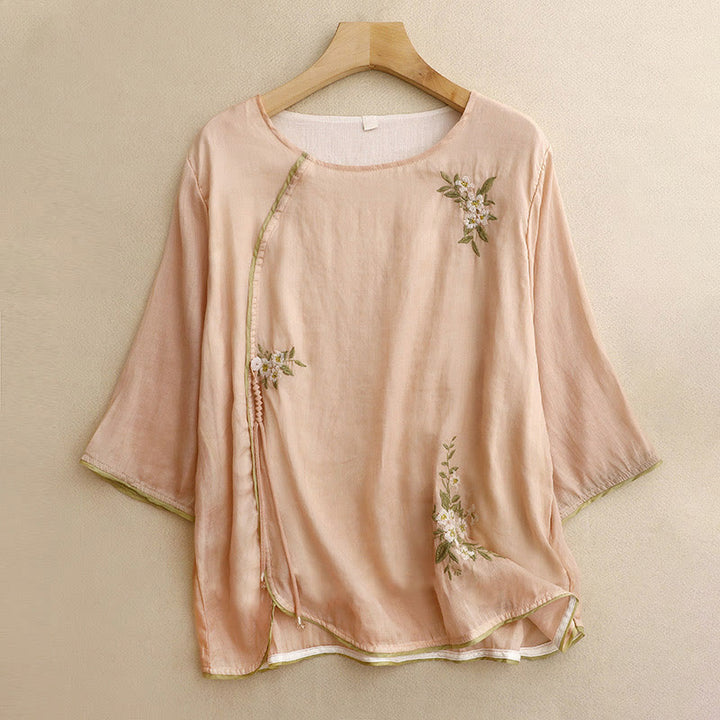 Camisa de mujer de manga tres cuartos con cuello redondo y bordado floral verde y Buddha Stones en color beige. - PeachPuff - US12, UK/AU16, EU44 (2XL) - image 13