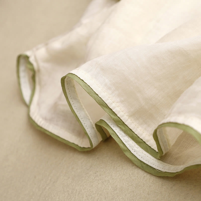 Camisa de algodón para mujer con cuello redondo, manga tres cuartos y bordado de hojas verdes y flores beige de Buddha Stones - image 7