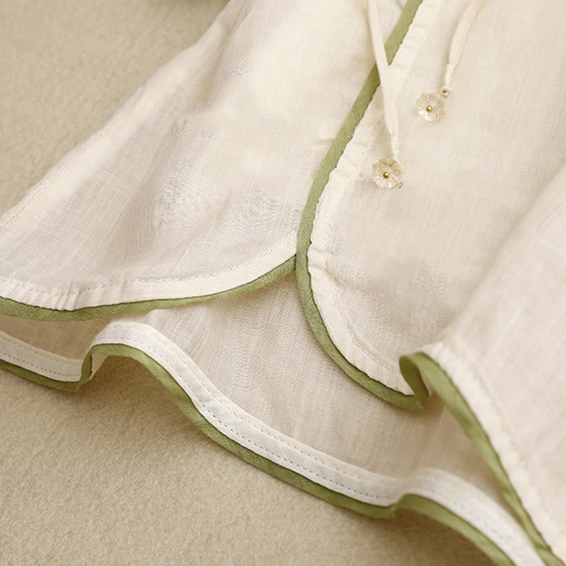 Camisa de algodón para mujer con cuello redondo, manga tres cuartos y bordado de hojas verdes y flores beige de Buddha Stones - image 9