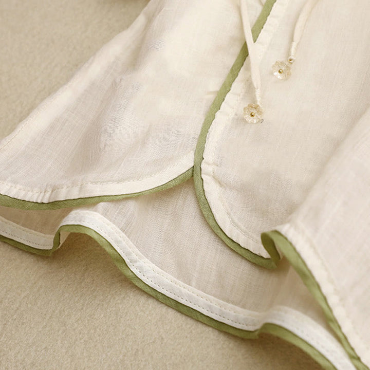 Camisa de algodón para mujer con cuello redondo, manga tres cuartos y bordado de hojas verdes y flores beige de Buddha Stones - image 9