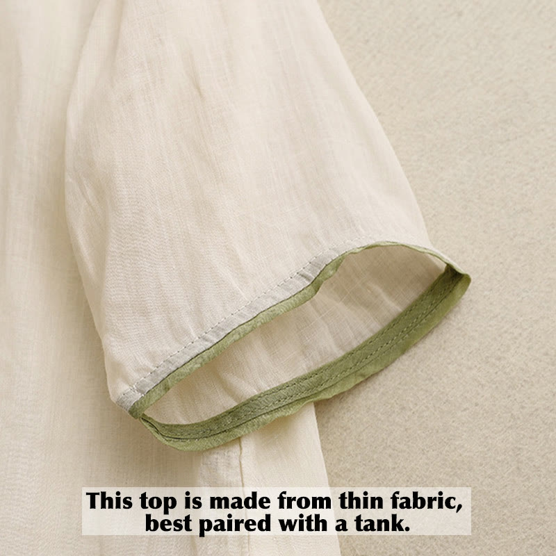 Camisa de algodón para mujer con cuello redondo, manga tres cuartos y bordado de hojas verdes y flores beige de Buddha Stones - image 3