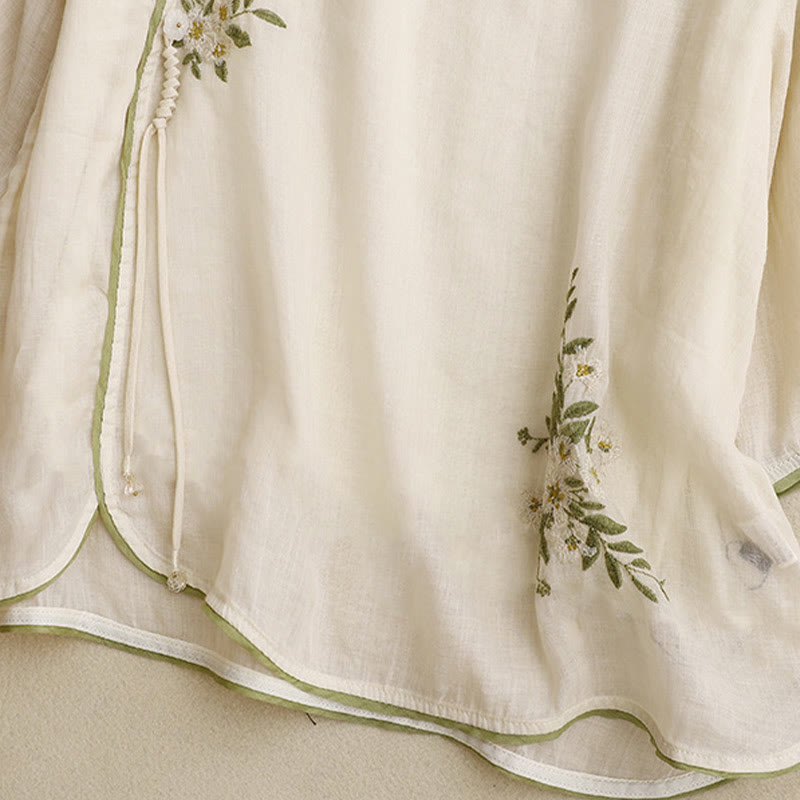 Camisa de algodón para mujer con cuello redondo, manga tres cuartos y bordado de hojas verdes y flores beige de Buddha Stones - image 5