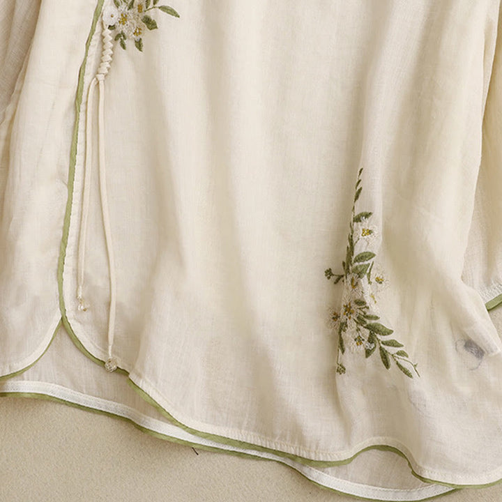 Camisa de algodón para mujer con cuello redondo, manga tres cuartos y bordado de hojas verdes y flores beige de Buddha Stones - image 5