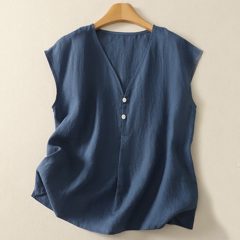 Chaleco sin mangas de algodón para mujer con diseño retro de cuello en V y botones con Buddha Stones - Azul acero - US8-10，UK/AU12-14，EU40-42 (2XL) - image 0