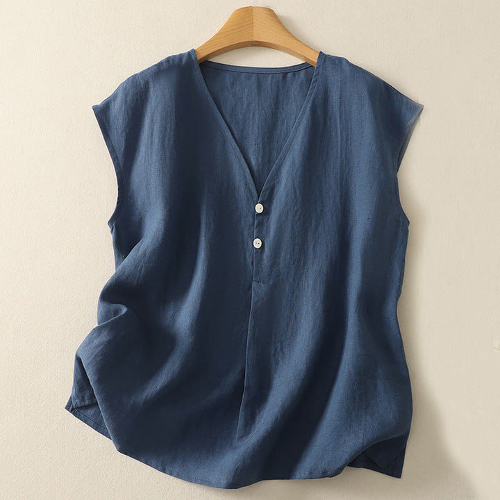 Chaleco sin mangas de algodón para mujer con diseño retro de cuello en V y botones con Buddha Stones - Azul acero - US8-10，UK/AU12-14，EU40-42 (2XL) - image 0