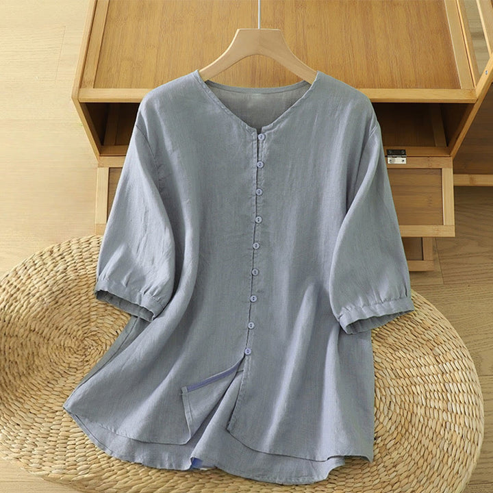 Camisa de mujer con cuello en V, media manga y botones lisos de Buddha Stones - Azul acero claro - US12, UK/AU16, EU44 (2XL) - image 21