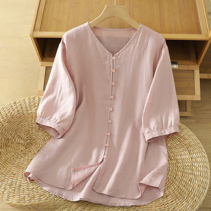 Camisa de mujer con cuello en V, media manga y botones lisos de Buddha Stones - rosa claro - US12, UK/AU16, EU44 (2XL) - image 0