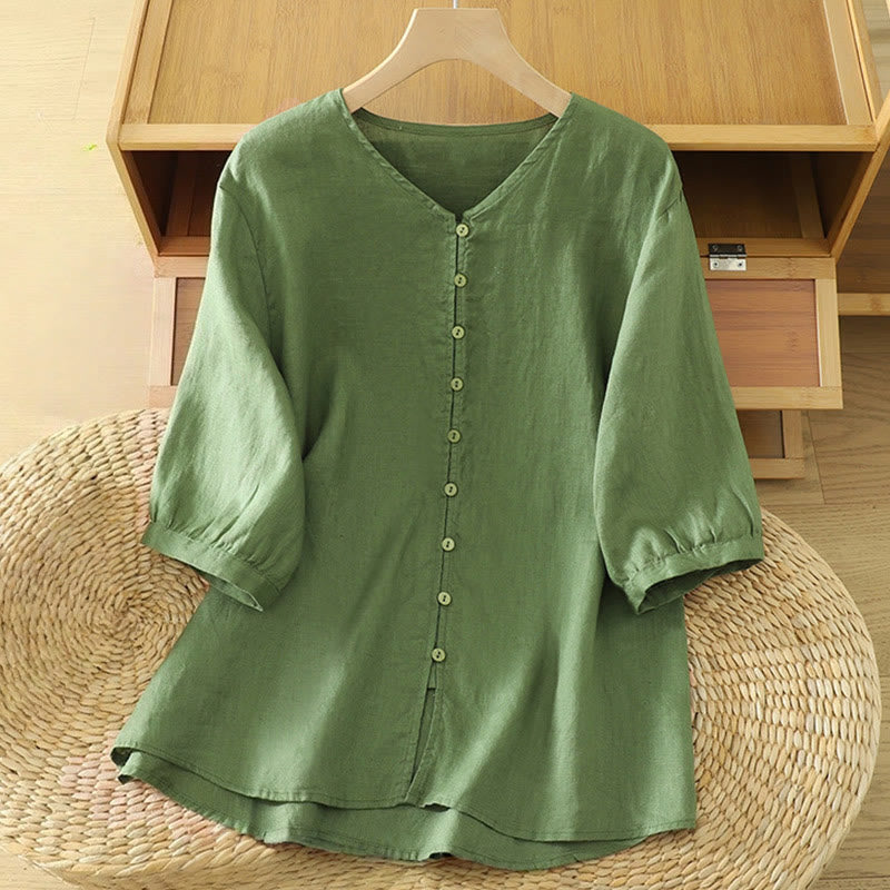 Camisa de mujer de manga corta con cuello en V y botones sólidos con estampado de Buddha Stones - Verde mar oscuro - US12, UK/AU16, EU44 (2XL) - image 16
