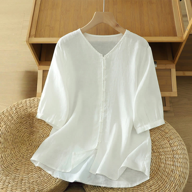 Camisa de mujer con cuello en V, media manga y botones lisos de Buddha Stones - Blanco - US12, UK/AU16, EU44 (2XL) - image 6