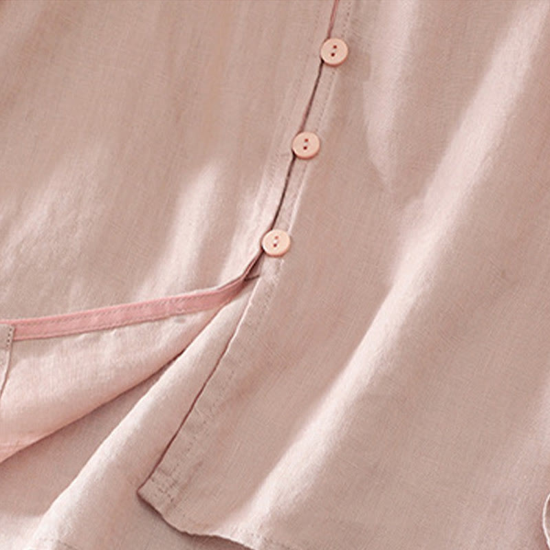 Camisa de mujer con cuello en V, media manga y botones lisos de Buddha Stones - image 4