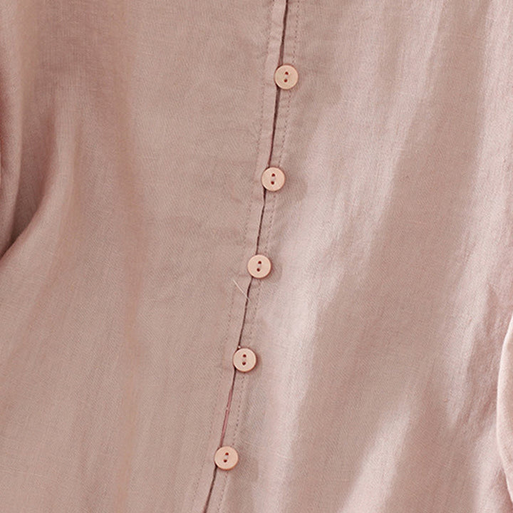 Camisa de mujer con cuello en V, media manga y botones lisos de Buddha Stones - image 3