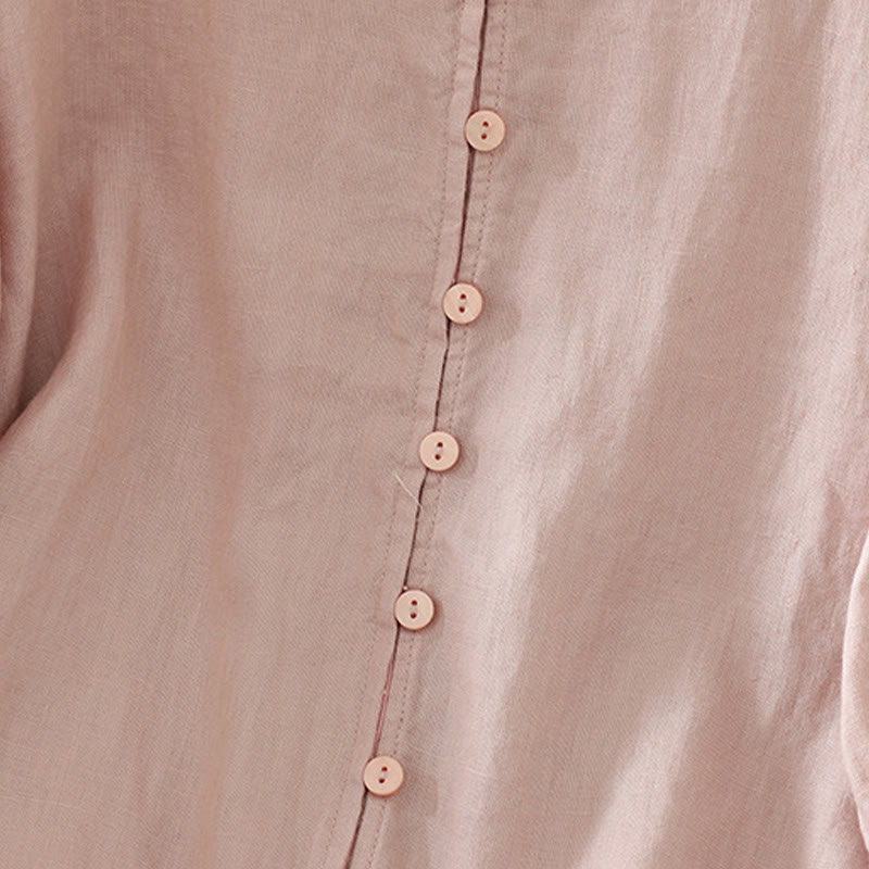 Camisa de mujer de manga corta con cuello en V y botones sólidos con estampado de Buddha Stones - image 3