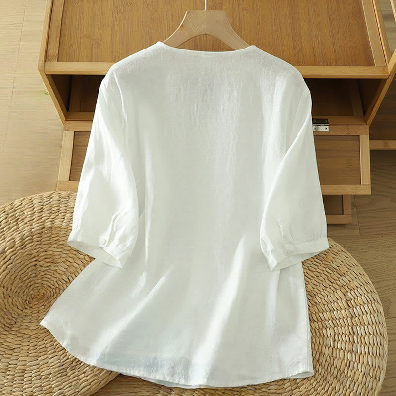 Camisa de mujer con cuello en V, media manga y botones lisos de Buddha Stones - image 7